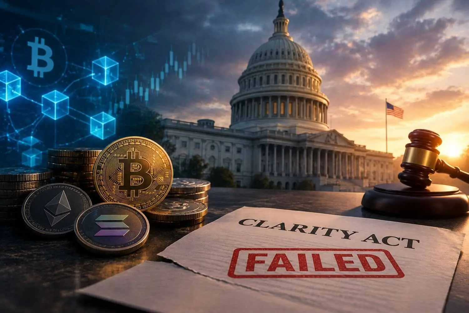Провал CLARITY в Сенате США: почему Биткоин ушел ниже $75 000 и что ждет крипторынок